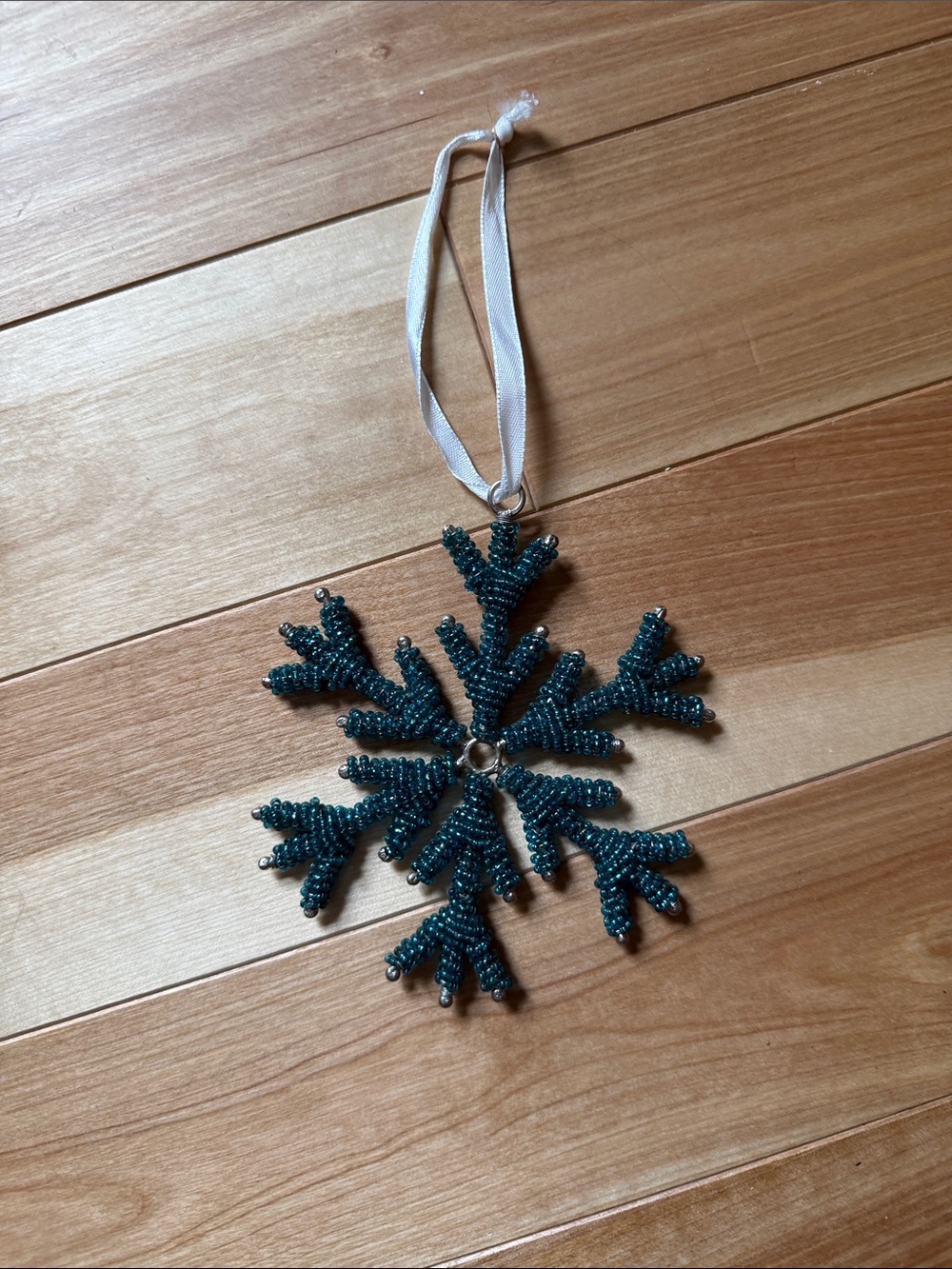 Beaded Teal Snowflake Ornament with Ribbon